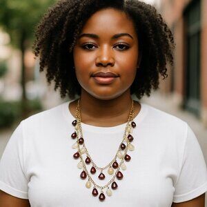 Charming Charlie Necklace Teardrop Fringe Gold Tone Brown Pale Pink